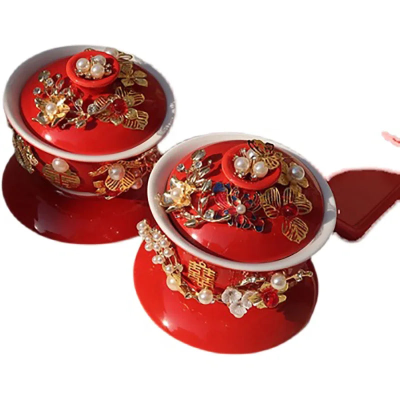 1 Pair Ceramics Chinese Traditional Red Wedding Double Happiness Tea Cover Bowl with Lid Teacup Gaiwan Home Teaware Drinkware