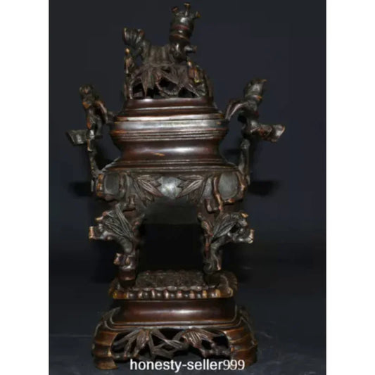 10.2" Old China Xuande Dynasty Bronze Bamboo Incense Burner Censer Statue