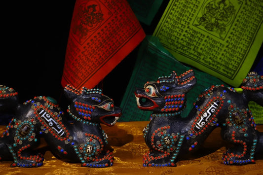 10"Tibetan Temple Collection Old Natural Meteorite mosaic gem Dzi Beads dragon statue mythical beast a pair pendant Amulet