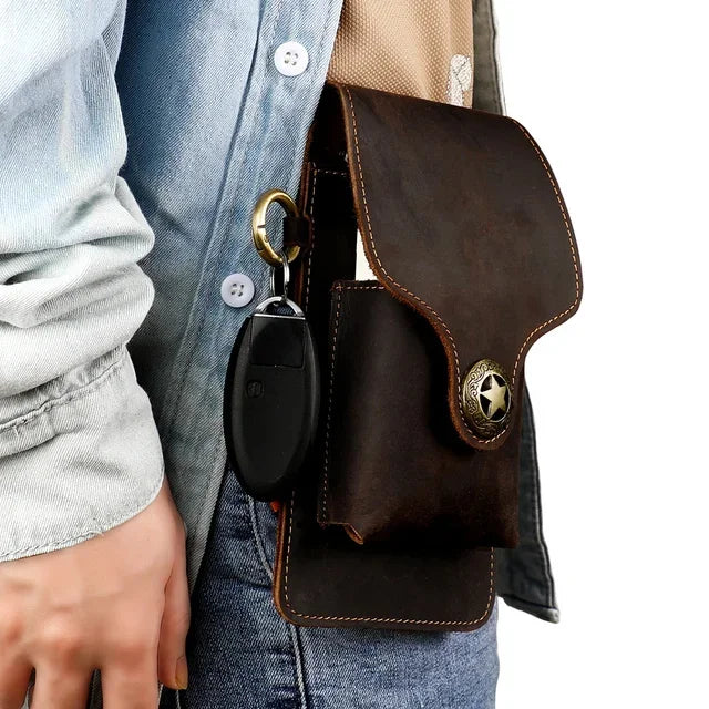 100% Genuine Leather Waist Cellphone Bag For Men Vintage Small Outdoor Loop Belt Phone Holster Pouch Holder With Cigarette Case