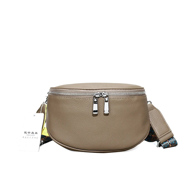 100% Genuine Leather Women's Bag Fashion Solid Cow Leather Women Shoulder Crossbody Bag Designer Wide Fabric Strap Messenger Sac