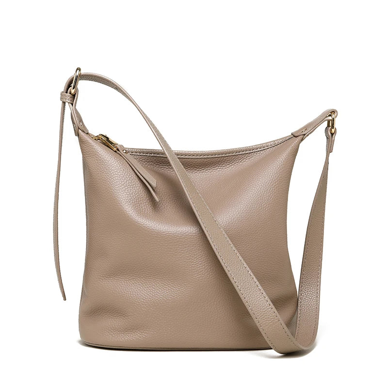 100% Solid Color Genuine Leather Women Shoulder Crossbody Bags 2023 High Quality Cowhide Small Ladies Messenger Bucket Tote Sac