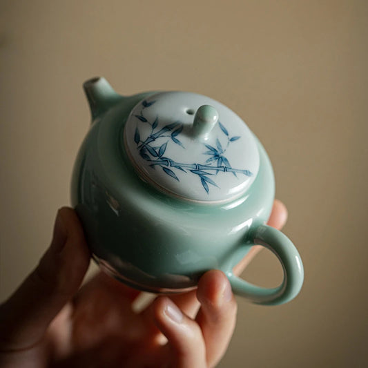 100ml Hand-painted Celadon Teapot Handmade Bamboo Ceramic Pot with Filter Chinese Porcelain Tea Brewing Kettle Kung Fu Tool Gift