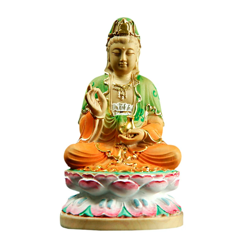 10CM Painted Guanyin Bodhisattva Small Figurines Wood Statue Crafts Buddha Boxwood Home Decoration Feng Shui Boat Decors