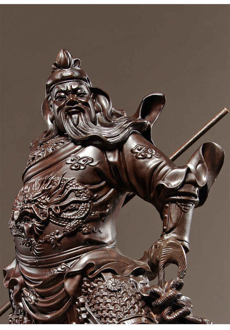folk Wood China Feng shui Guan Gong Yu Warrior God Guanyu Dragon Statue Carved