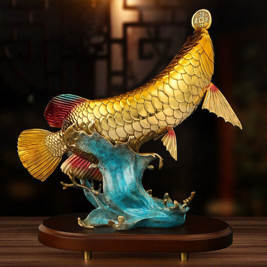 China Brass Fengshui Wealth Money Rich Lucky Golden Dragon Fish Arowana Statue