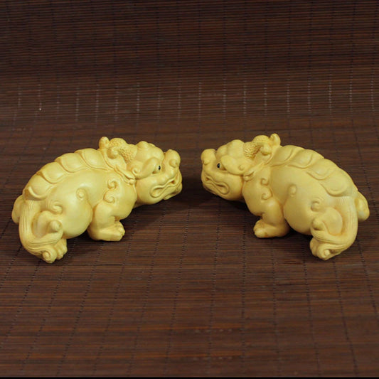 10cm A pair Solid wood lucky pi xiu China God beast Statue, Hand-carved Lucky Ward off evil spirits Home decoration statue