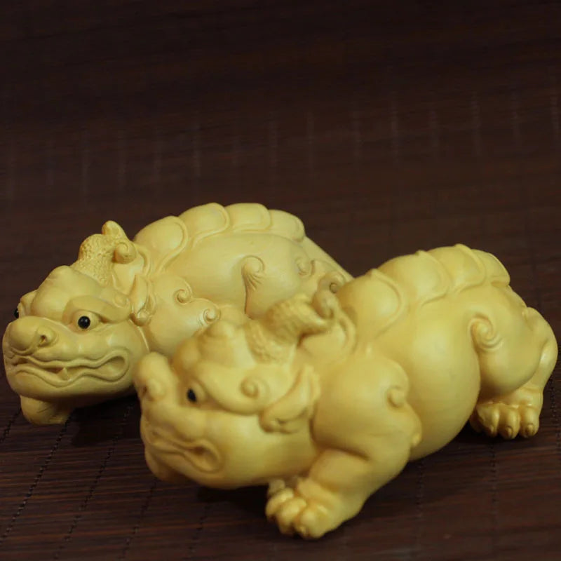 10cm A pair Solid wood lucky pi xiu China God beast Statue, Hand-carved Lucky Ward off evil spirits Home decoration statue