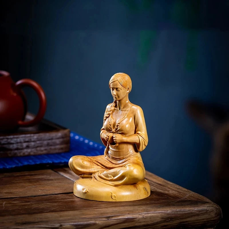 10cm Boxwood Home Decoration Meditation Girl Wooden Statues Beauty Figure Statue Chinese Folk Traditional Crafts