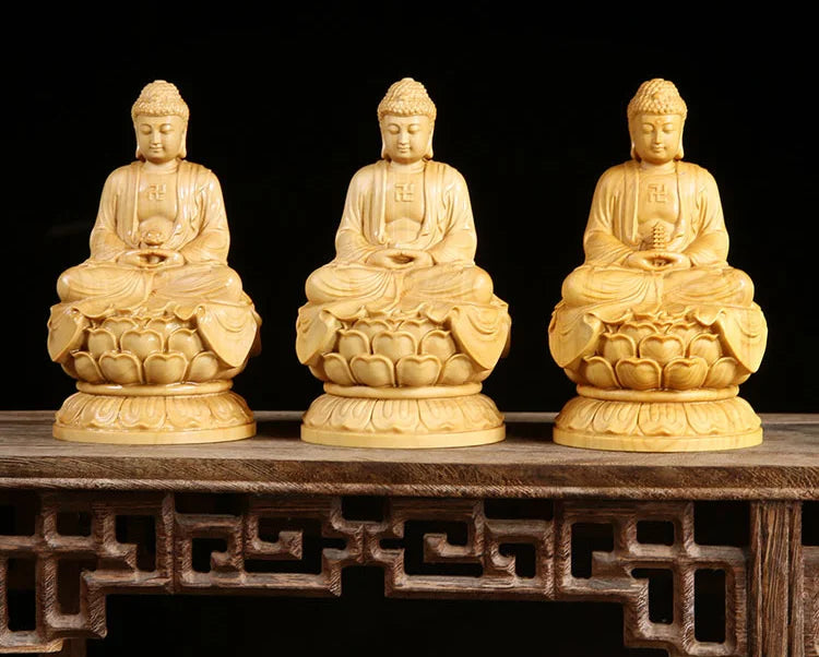 10cm Medicine Buddha Sakyamuni Amitabha Three Buddhas Wood carving Solid wood Ornaments Buddha figures