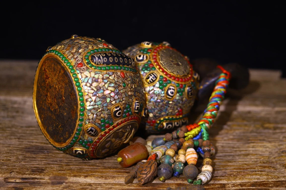 11”Tibet Temple Collection Old Natural Meteorites Mosaic Gem gZi Beads Shell GARUDA Town house Gourd Amulet Worship Hall