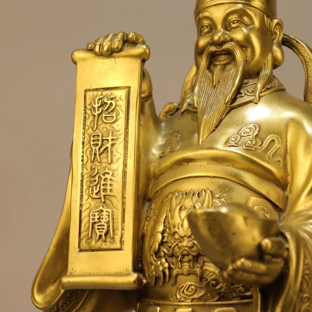 11"Tibetan Temple Collection Old Brass Dragon Head texture Yuanbao Coins God of Wealth Amass wealth Worship Hall Town house