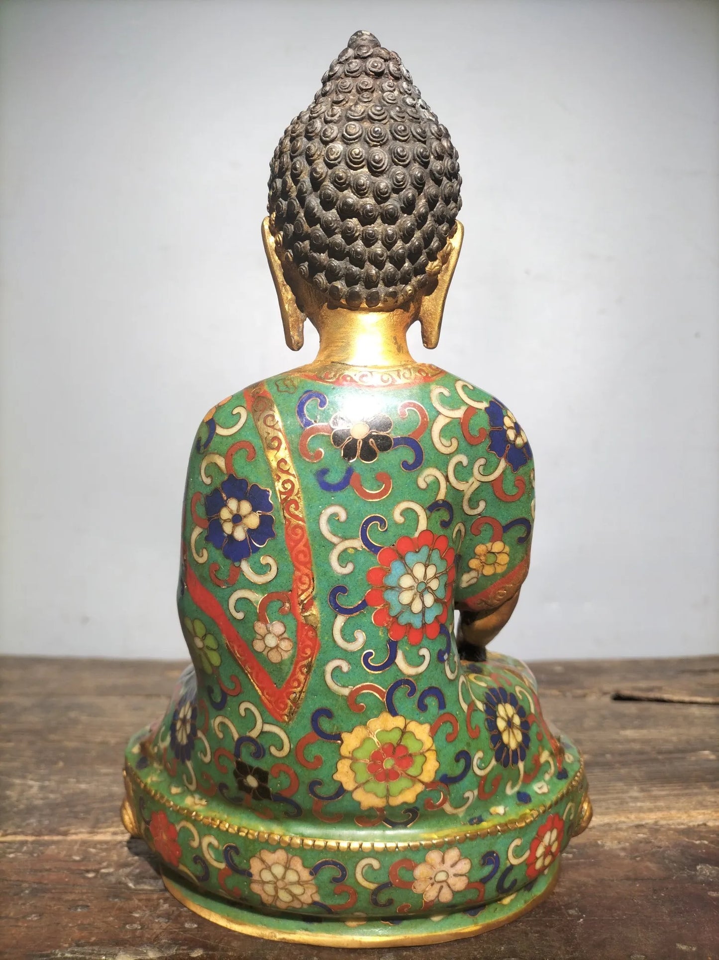 11"Tibetan Temple Collection Old Bronze Cloisonne Enamel Shakyamuni lotus platform Sitting Buddha Worship Hall Town house