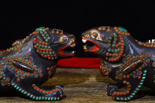 11"Tibetan Temple Collection Old Natural Meteorite Mosaic Gem gZi Beads Tiger statue a pair Lucky Tiger Gather fortune ornament