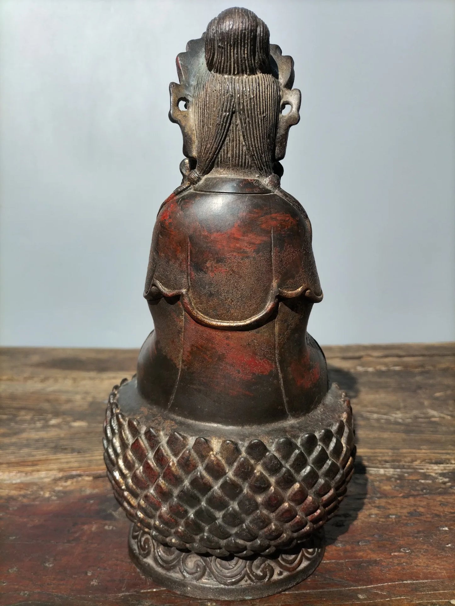 11" Tibetan Temple Collection old Bronze Cinnabar mud gold Northern Wei Buddha Guanyin Bodhisattva lotus platform worship buddha