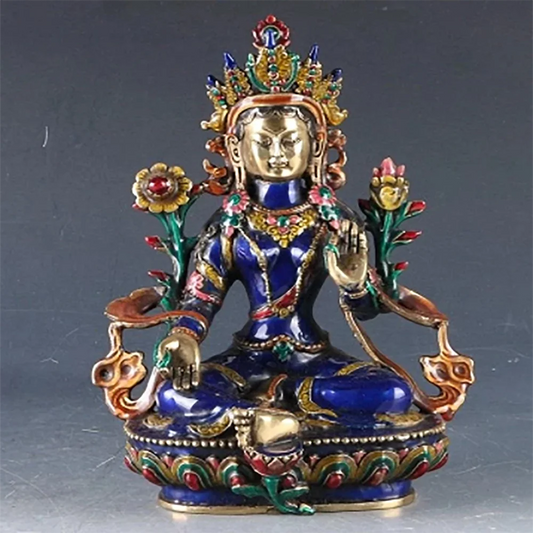 12'' China Tibet Bronze Cloisonne Handwork Carved Bodhisattva Tara Buddha Statue metal handicraft home decoration