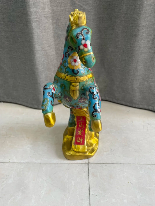 12"Tibet Temple Collection Old Bronze Cloisonne Enamel Horse Statue Standing Horse Get rich immediately Amass wealth Town house