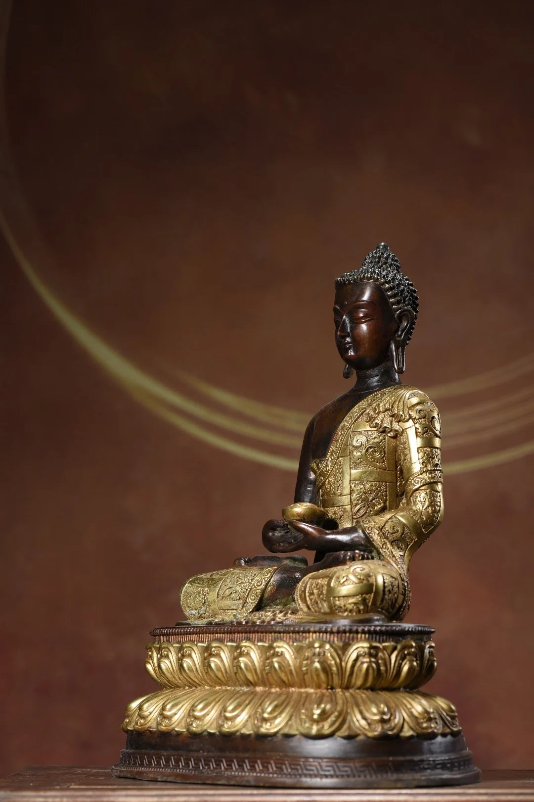12"Tibetan Temple Collection Old Bronze Cinnabar Mud gold Shakyamuni Sitting Buddha lotus platform Worship Hall Town house