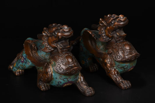 12"Tibetan Temple Collection Old Bronze Cloisonne Brave Troops statue A pair Unicorn Office Ornaments Town House Exorcism