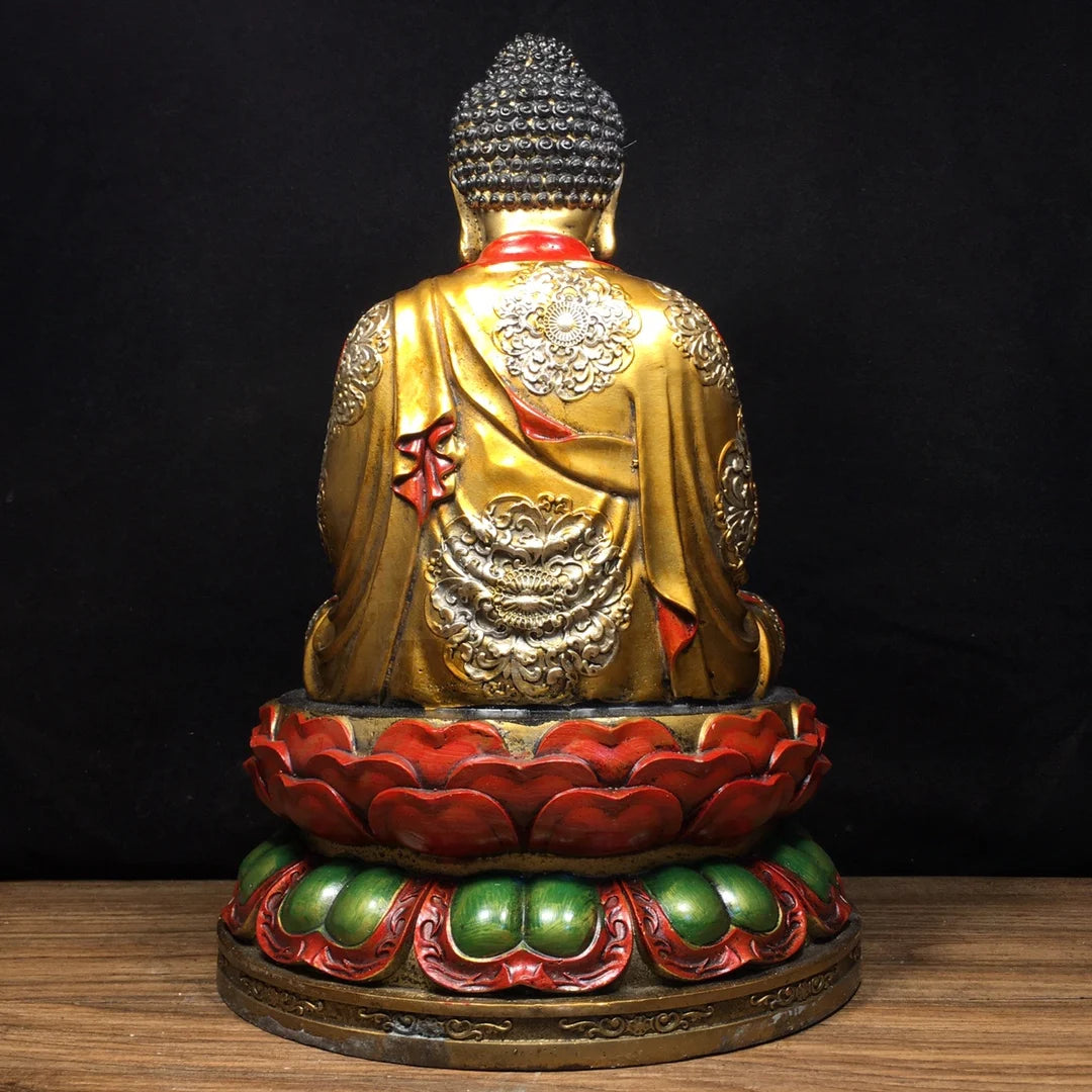 12"Tibetan Temple Collection Old Bronze Painted Amitabha Shakyamuni Sitting Buddha Double Lotus Platform Worship Hall Town house