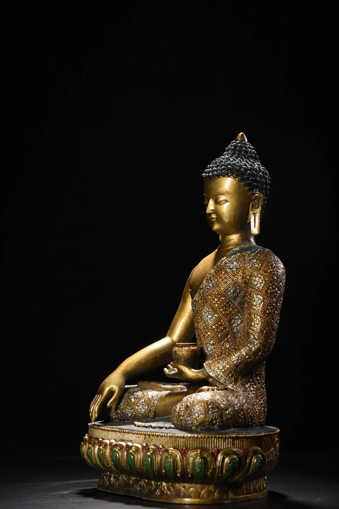 12"Tibetan Temple Collection Old Bronze Painted Cinnabar Shakyamuni Amitabha Buddha Lotus Terrace Worship Hall Town house
