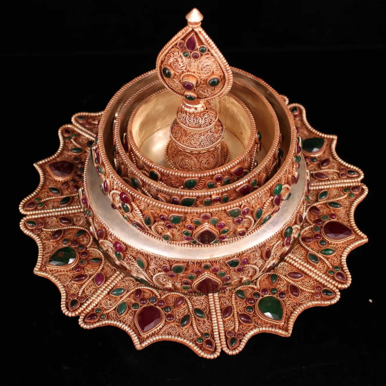12"Tibetan Temple Collection Tibetan silver filigree Gilt mosaic Gem Manzapan magic weapon worship the pagoda Town house