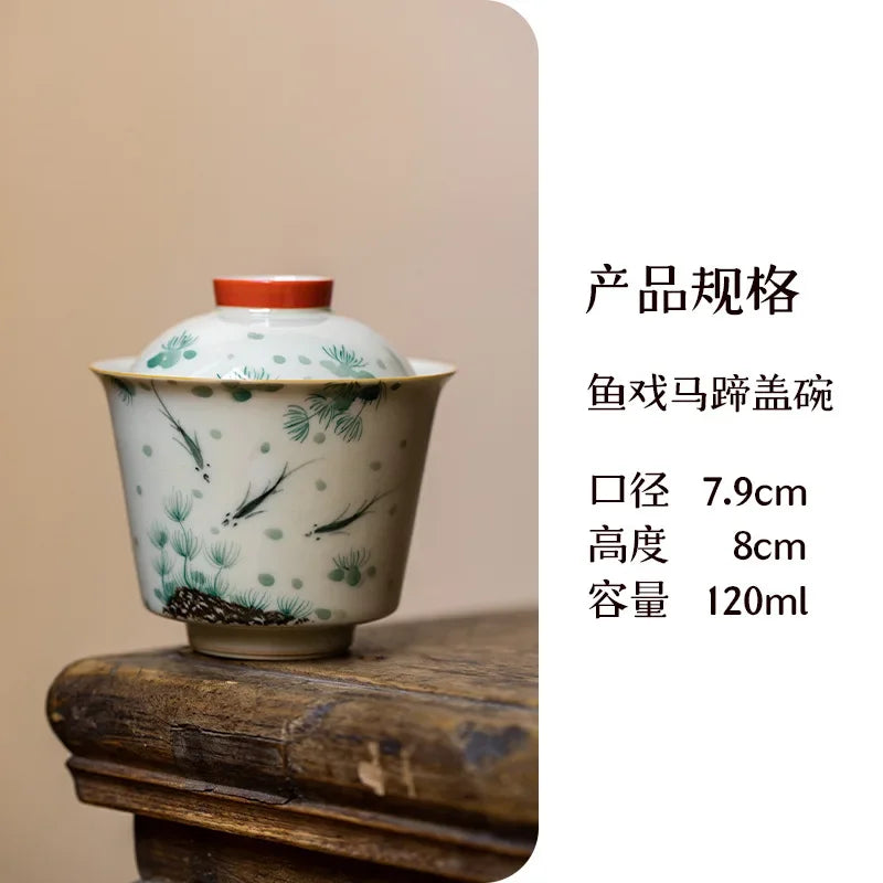 120ml Retro Grass Wood Gray Glaze Ceramic Covered Bowl Hand Painted Fish Paly Tea Bowl with Lid Chinese Tea Making Gaiwan Teaset