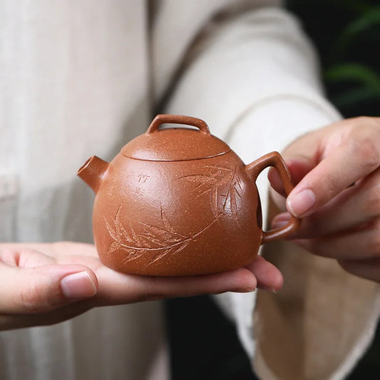120ml Yixing Purple Clay Teapots Kettle Famous Artists Hand-carved Bamboo Leaf Pattern Tea Pot Chinese Zisha Tea Set Teaware