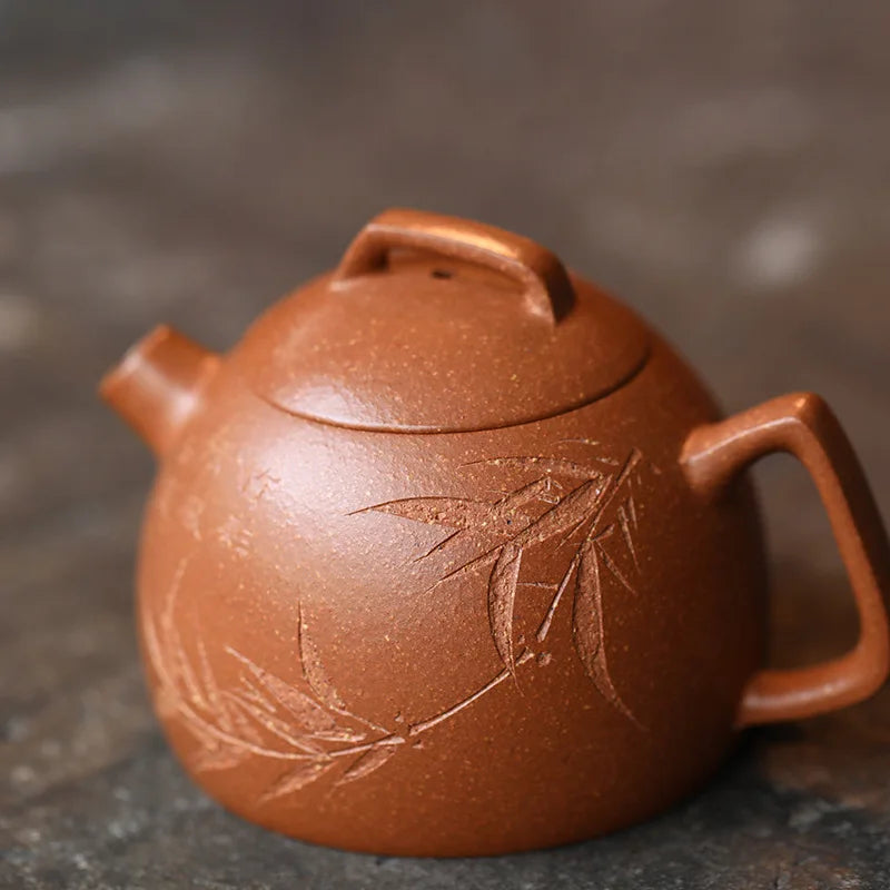 120ml Yixing Purple Clay Teapots Kettle Famous Artists Hand-carved Bamboo Leaf Pattern Tea Pot Chinese Zisha Tea Set Teaware