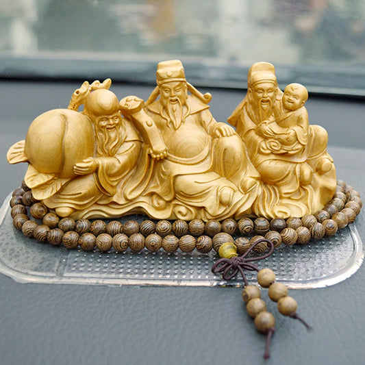 13/17CM Fu Lu Shou Boxwood Decoration Statue Crafts Feng Shui Elder Birthday Gift Three Gods Sculpture Home Decor