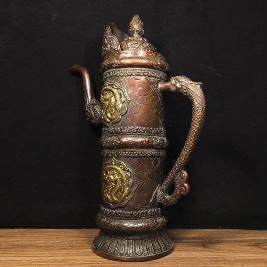 13"Tibet Temple Collection Old Bronze Lacquer Cinnabar Horse milk jug Butter Teapot Big Tibetan Pot Worship Hall Town house