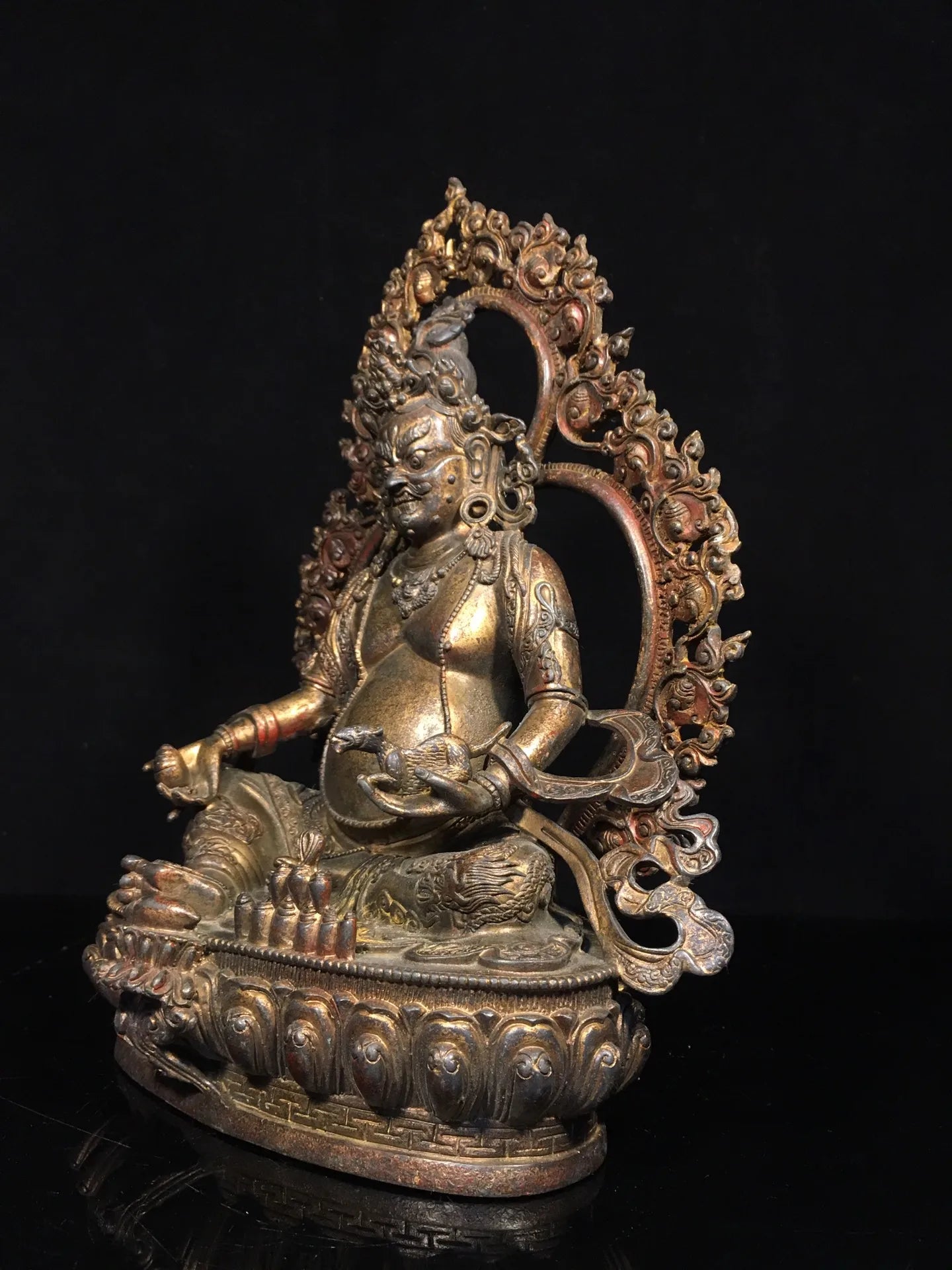 13"Tibetan Temple Collection Old Bronze Cinnabar Gilt Yellow Jambhala Buddha Backlight Tibetan God of Wealth Worship Hall
