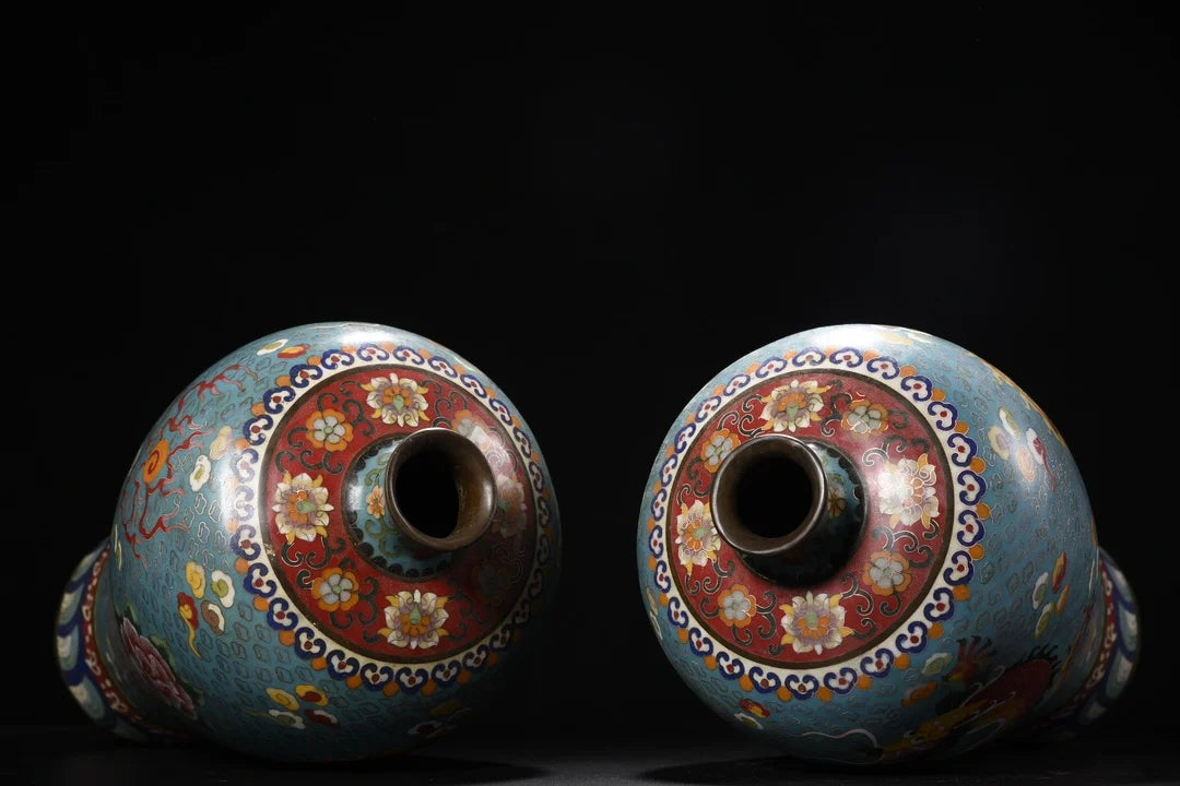 13"Tibetan Temple Collection Old Purple Bronze Cloisonne Chinese Loong Texture Bottle Prunus Vase A pair Town House Exorcism