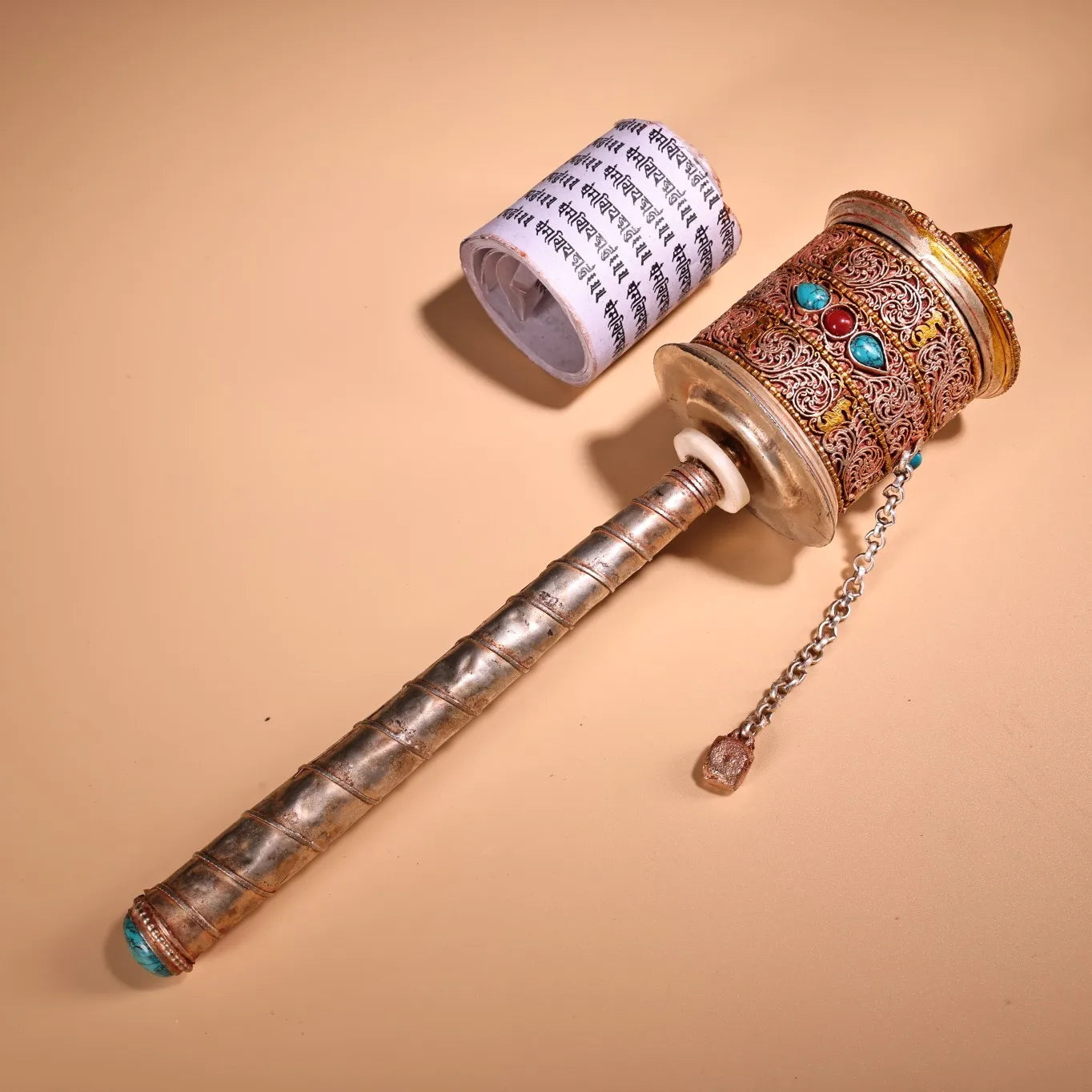 13"Tibetan Temple Collection Old Tibetan silver Gilded Filigree Mosaic Gem Cinnabar Prayer Wheel Old Scriptures Worship Hall