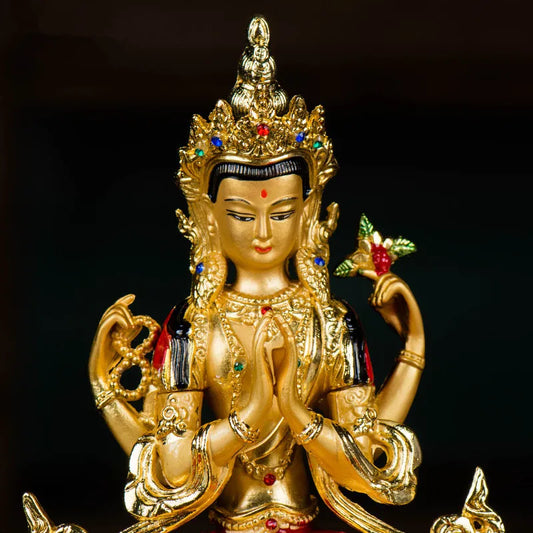 14.8cm Colored Gold Plated Buddhist Suppliers Avalokitesvara Bodhisattva Four-Arms Guanyin Tibetan Figure Statue