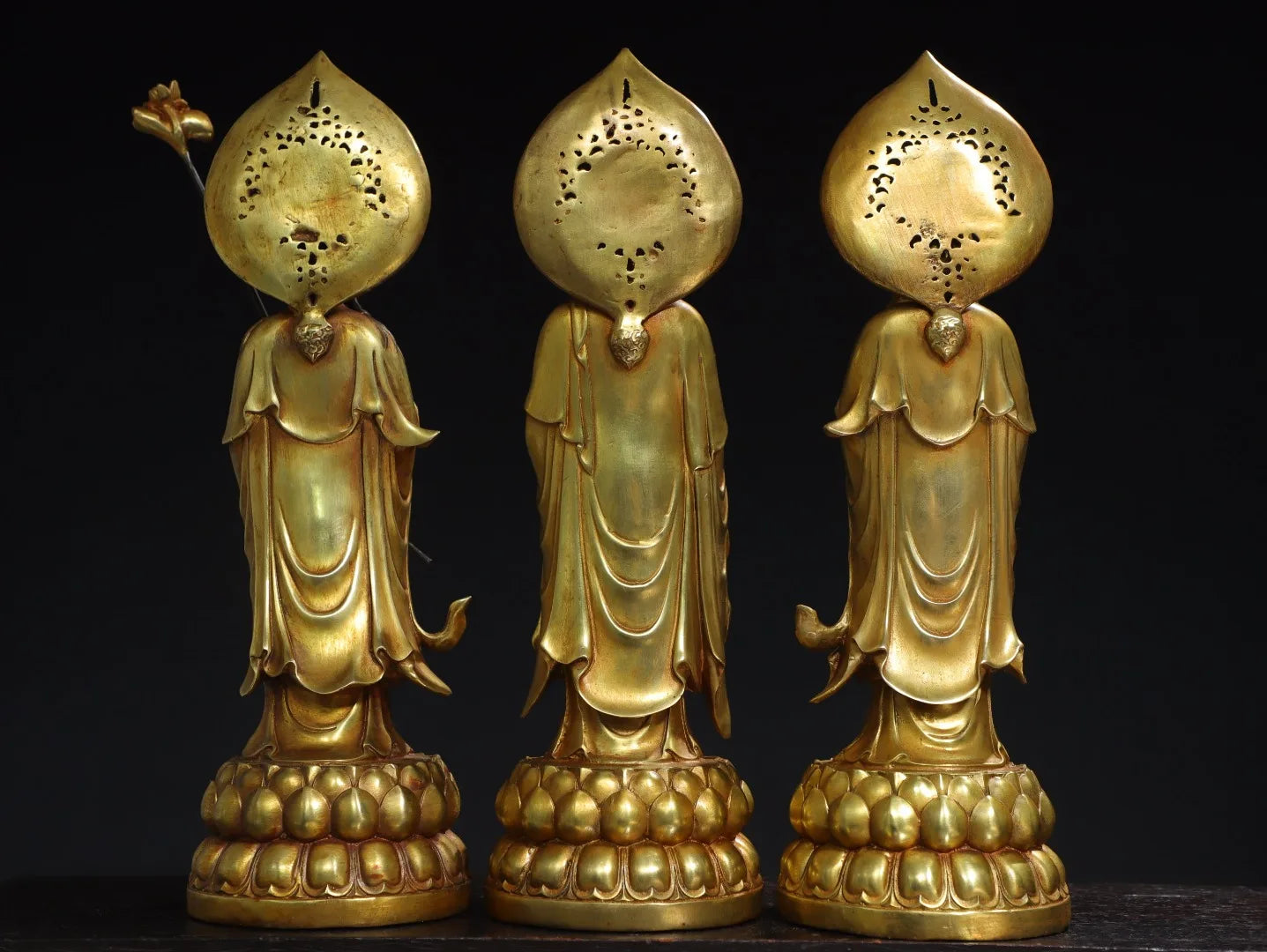 14"Tibetan Temple Collection Old Bronze Cinnabar Gilding Three Sages Shakyamuni GuanyinBuddha Worship Hall Town house