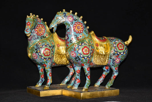 14"Tibetan Temple Collection Old Bronze Cloisonne Enamel Flowe Texture Tang Ma Horse Statue Base A Pair Amass wealth Ornaments