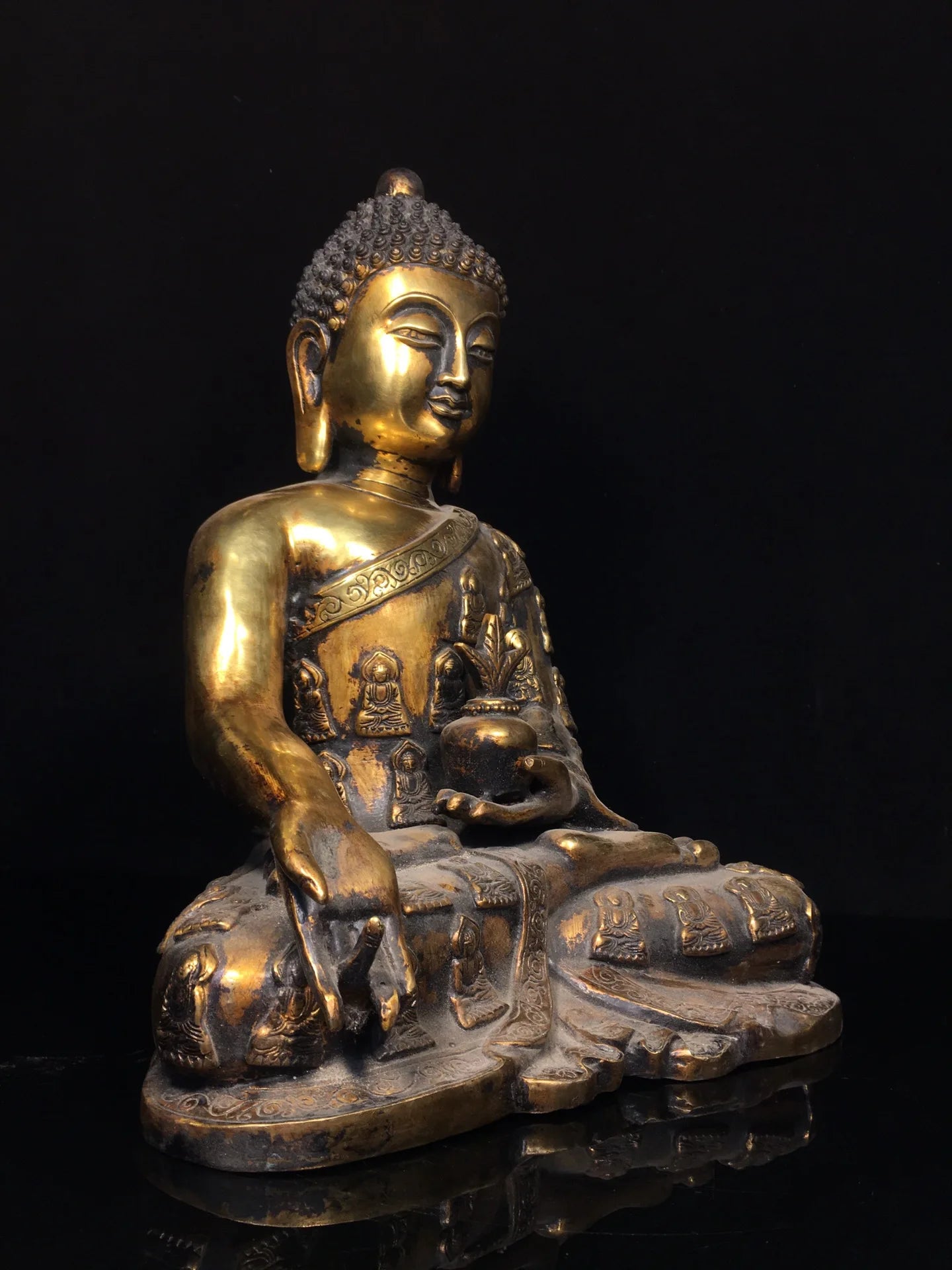 14"Tibetan Temple Collection Old Bronze Gilded Cinnabar Mud gold Shakyamuni Sitting Buddha Amitabha Worship Hall Town house