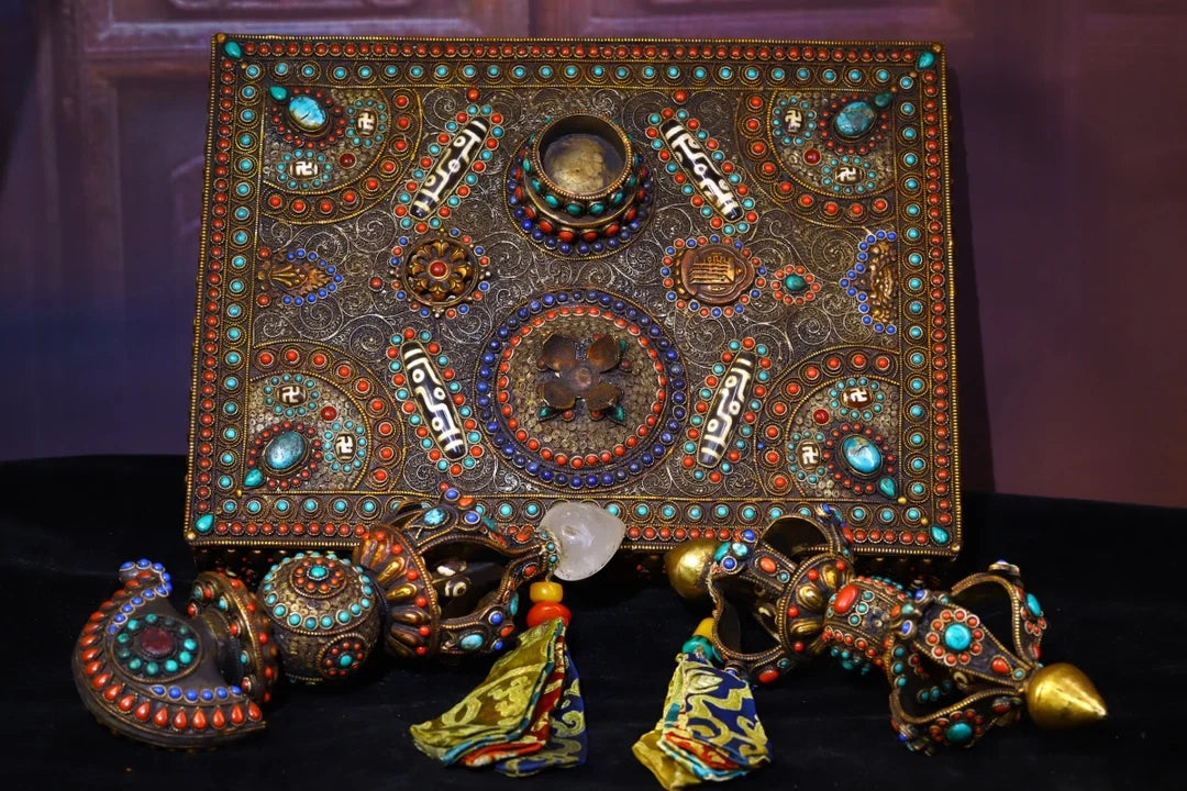 14"Tibetan Temple Collection Old Natural Crystal Filigree Mosaic Gem gZi Beads Vajra Phurpa set Amulet Dharma Town House