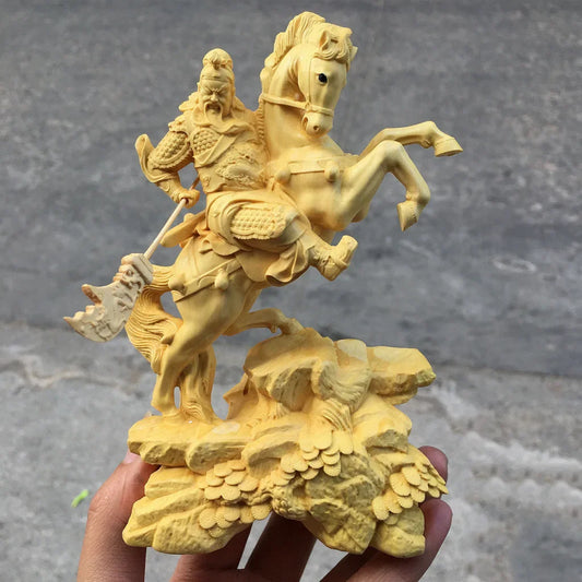 14CM Feng Shui Boxwood The Three Kingdoms Figure Wood Statue Sculpture Guanyu Riding Horse Feng Shui Home Decor