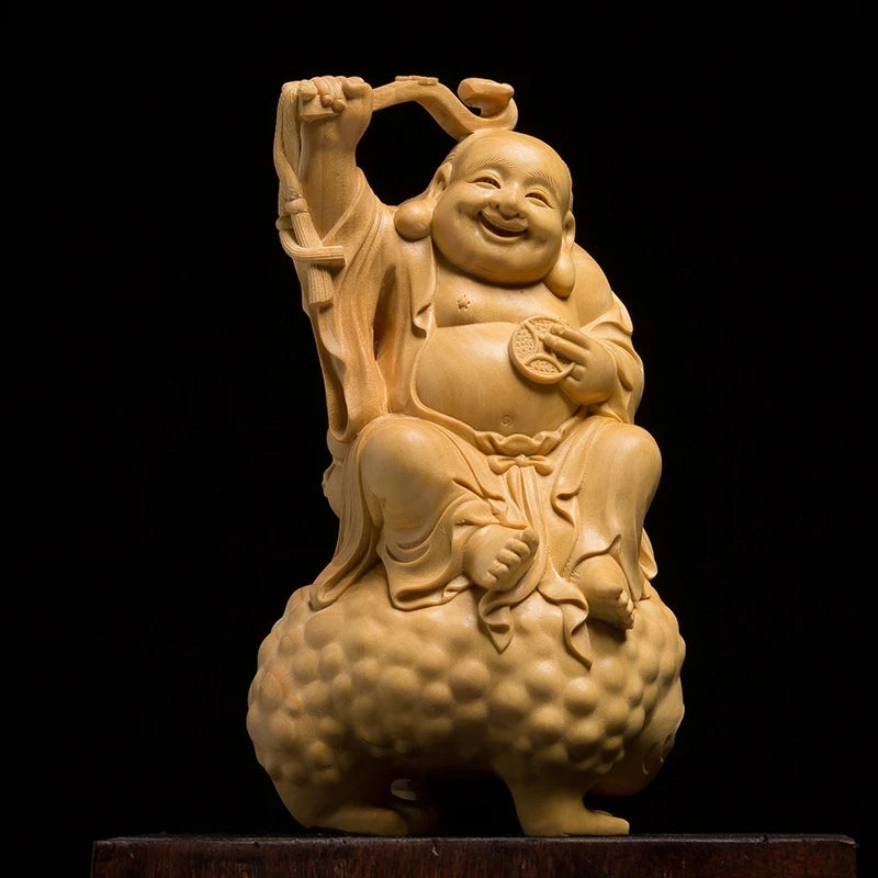 14CM Toad Laughing Bag Buddha Chinese Mythology Boxwood Carving Creative Home Wood Engraving Crafts Living Room Car