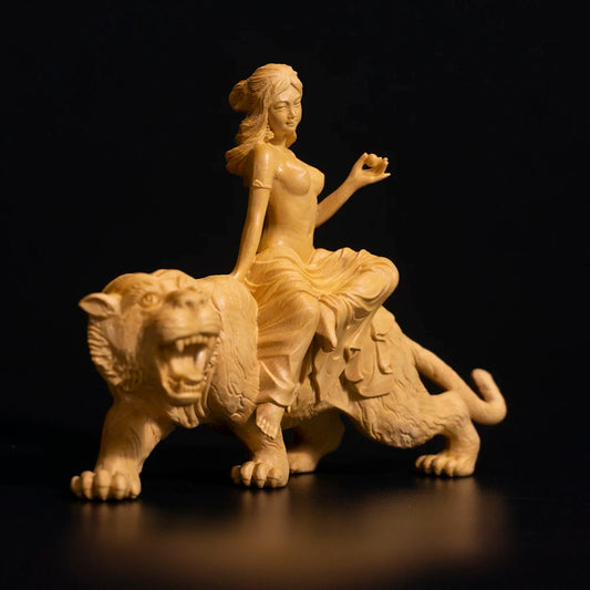14cm Beauty Riding Tiger Sculpture Room Decoration Boxwood Figure Solid Wood Statue Home Decor