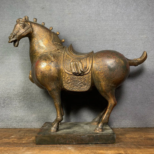 15"Tibetan Temple Collection Old Bronze Cinnabar Lacquer Northern Weimar Tangma Horse statue A pair Town House Exorcism