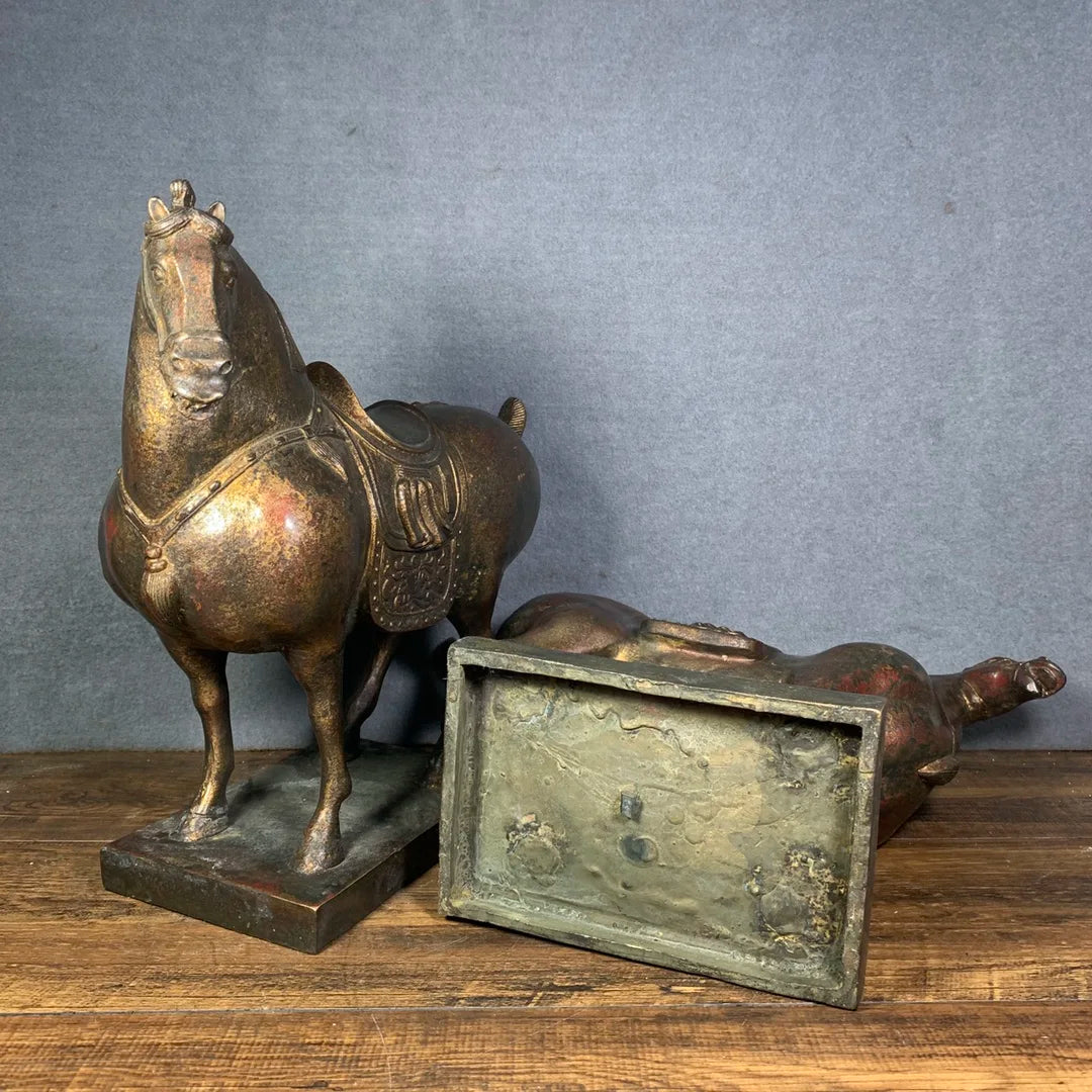 15"Tibetan Temple Collection Old Bronze Cinnabar Lacquer Northern Weimar Tangma Horse statue A pair Town House Exorcism