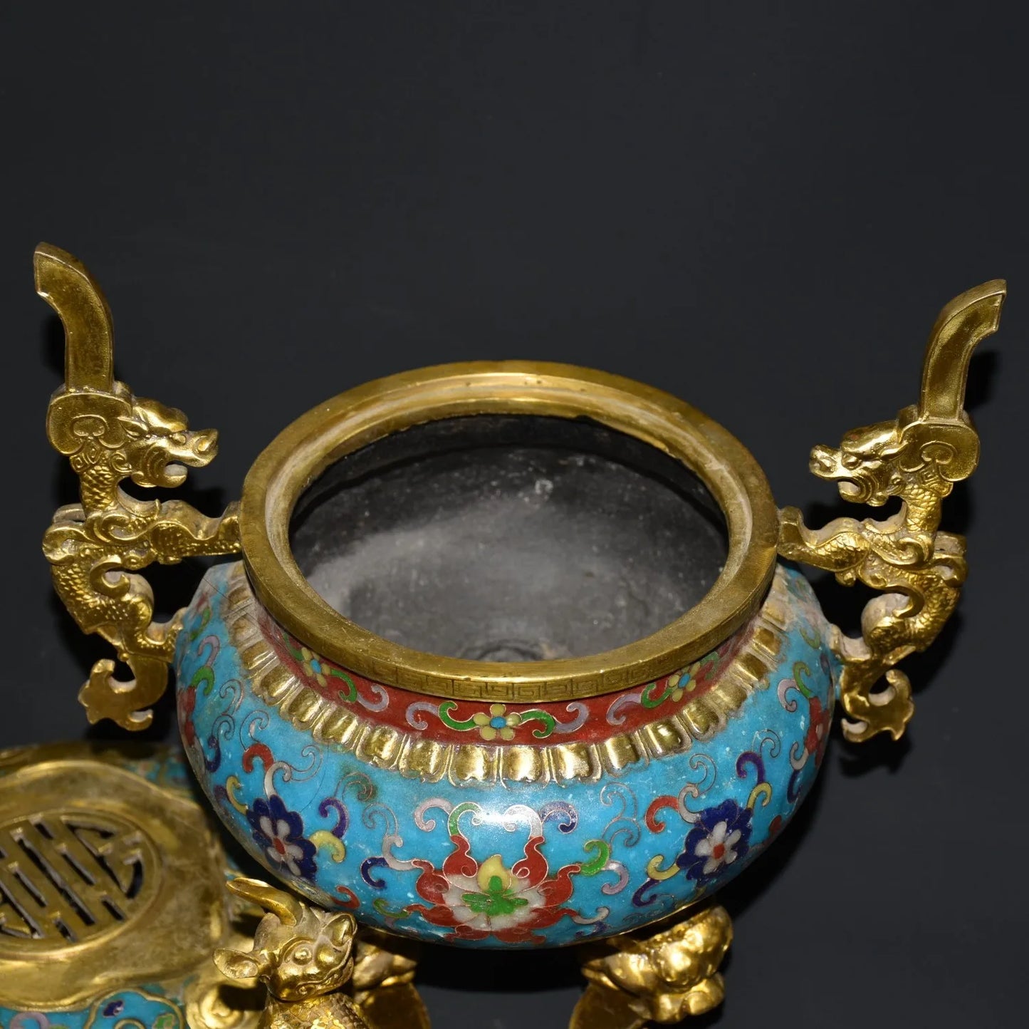 15"Tibetan Temple Collection Old Bronze Cloisonne Gilt Kirin Dragon Ear three-legged incense burner Gather fortune ornament
