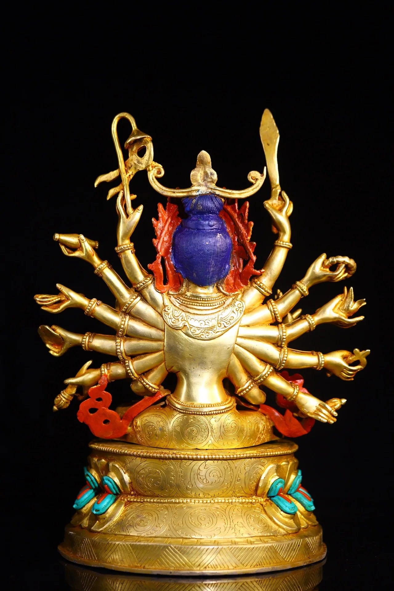 15"Tibetan Temple Collection Old lapis lazuli Tibetan Silver Gilded Mosaic Gem Turquoise Cundhi Bodhisattva Sitting Buddha