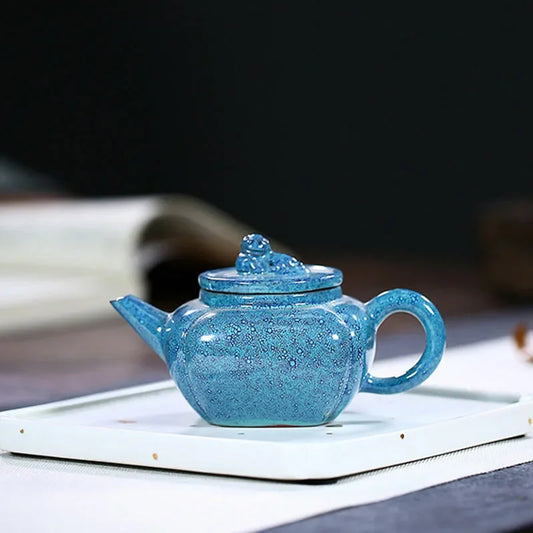 150ML Blue Yixing Lion Teapot Glaze Craft Purple Clay Teapot Zisha Kettle Handmade Tea Set Gift Box