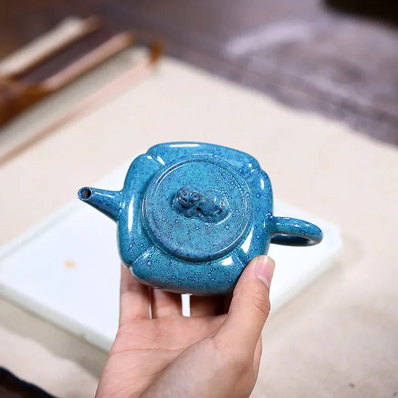 150ML Blue Yixing Lion Teapot Glaze Craft Purple Clay Teapot Zisha Kettle Handmade Tea Set Gift Box