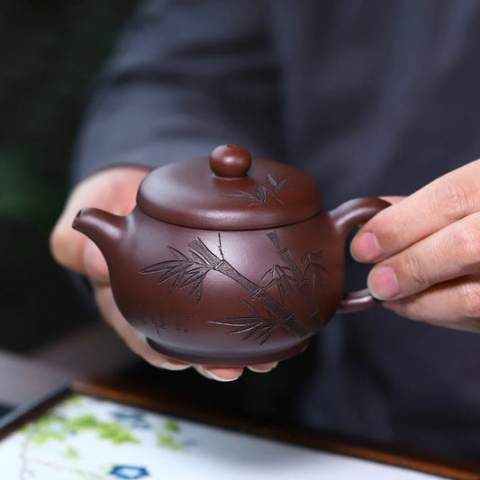 150ml Chinese Yixing Handmade Purple Clay Teapots Famous Artists Hand-carved Bamboo Leaves Tea Pot Kettle Zisha Tea Set Teaware