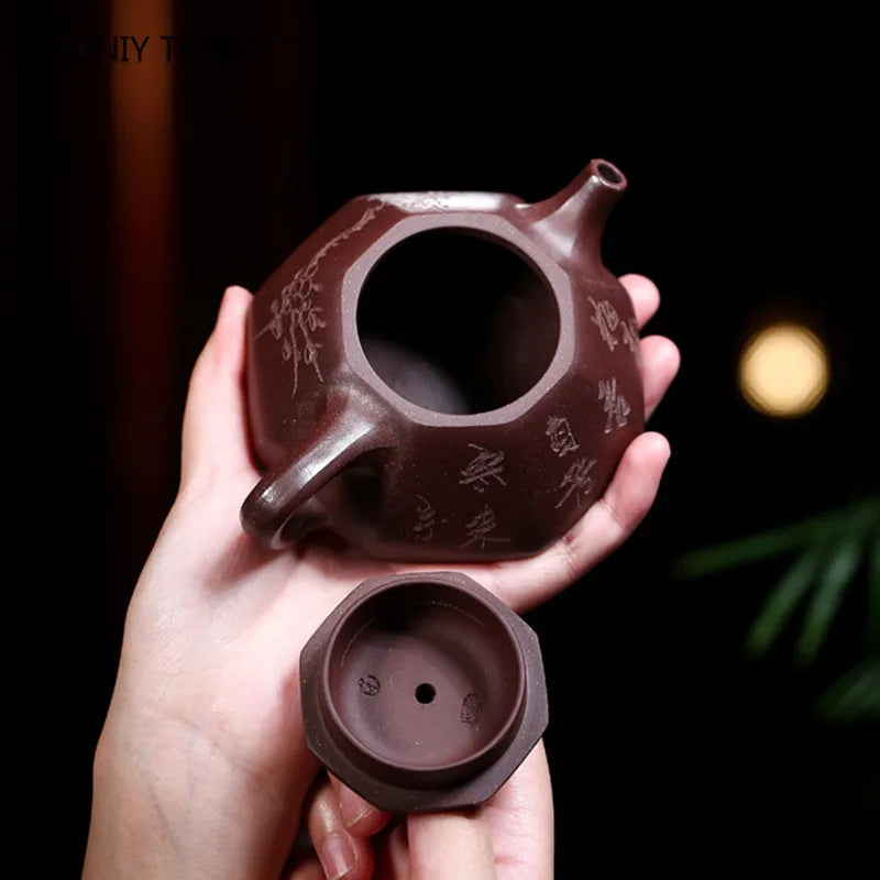 150ml Chinese Yixing Handmade Purple Clay Teapots Famous Hand-carved Stone Scoop Tea Pot Raw Ore Purple Mud Kettle Zisha Tea Set